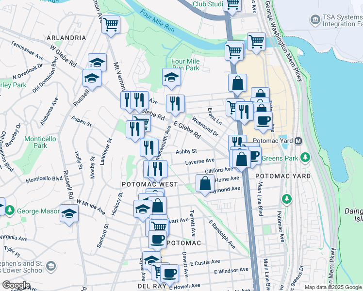 map of restaurants, bars, coffee shops, grocery stores, and more near 6 Auburn Court in Alexandria