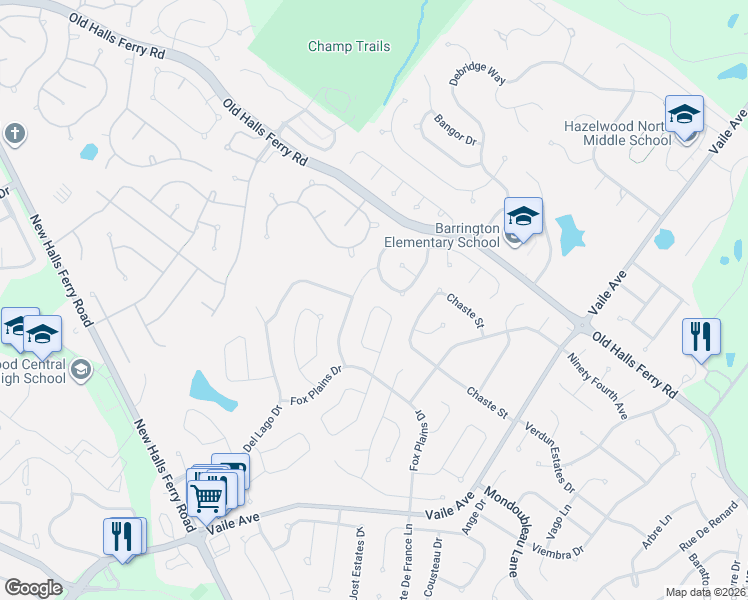 map of restaurants, bars, coffee shops, grocery stores, and more near 4150 Bugle Bend Drive in Florissant
