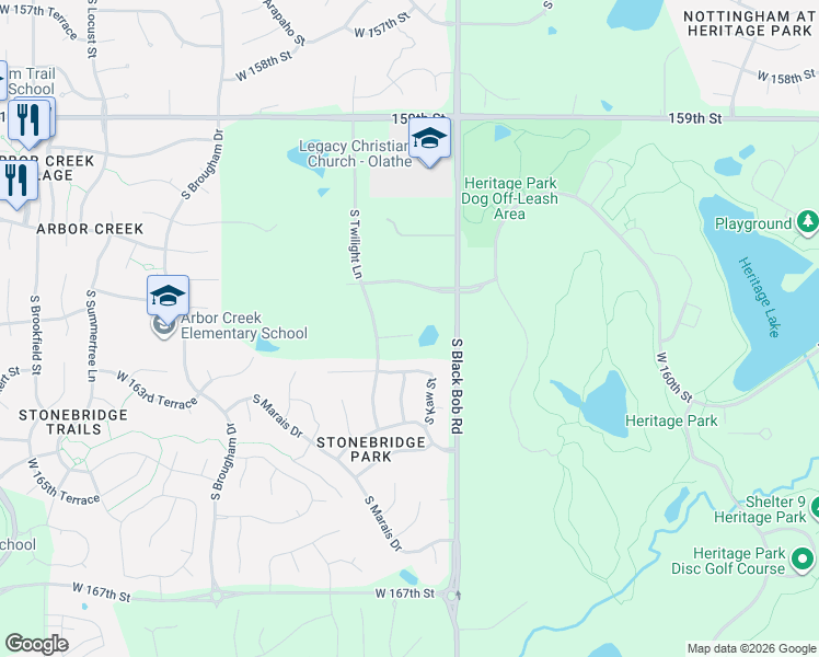 map of restaurants, bars, coffee shops, grocery stores, and more near 15212 West 163rd Terrace in Olathe