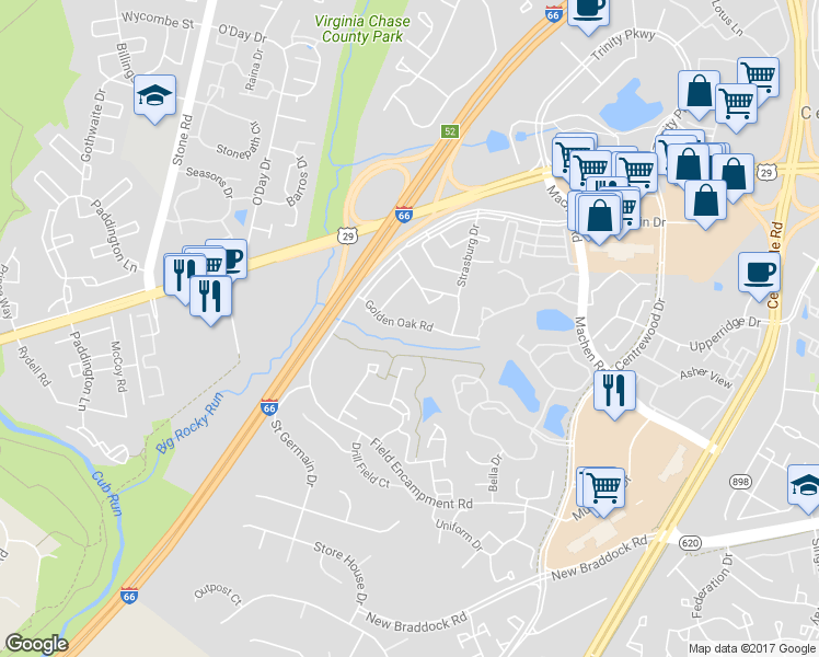 map of restaurants, bars, coffee shops, grocery stores, and more near 14497 Golden Oak Road in Centreville