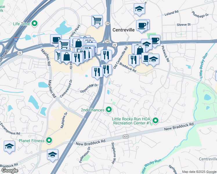 map of restaurants, bars, coffee shops, grocery stores, and more near 14044 Gill Brook Lane in Centreville