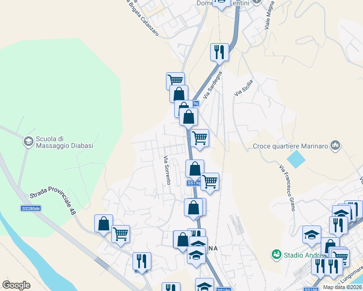 map of restaurants, bars, coffee shops, grocery stores, and more near 10A Via Ancona in Catanzaro