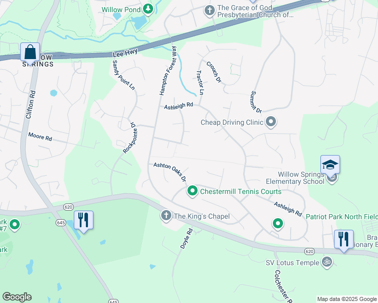 map of restaurants, bars, coffee shops, grocery stores, and more near 12977 Hampton Forest Court in Fairfax