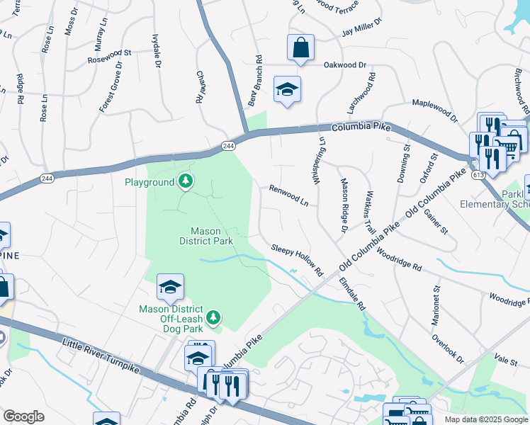 map of restaurants, bars, coffee shops, grocery stores, and more near 4106 Breezewood Lane in Annandale
