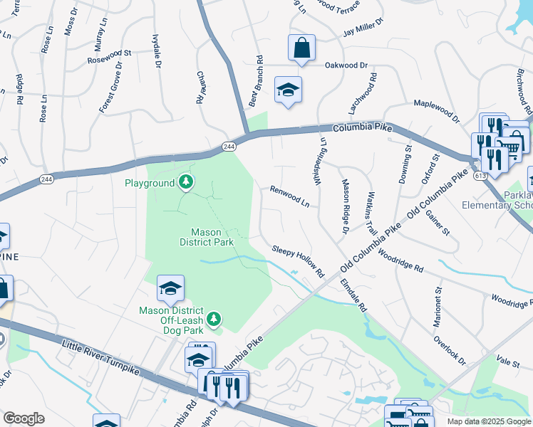 map of restaurants, bars, coffee shops, grocery stores, and more near 4106 Breezewood Lane in Annandale