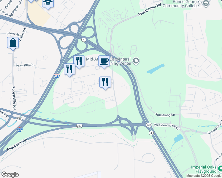 map of restaurants, bars, coffee shops, grocery stores, and more near 8411 Old Marlboro Pike in Upper Marlboro