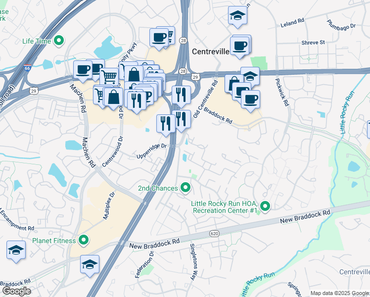 map of restaurants, bars, coffee shops, grocery stores, and more near 14044 Gill Brook Lane in Centreville