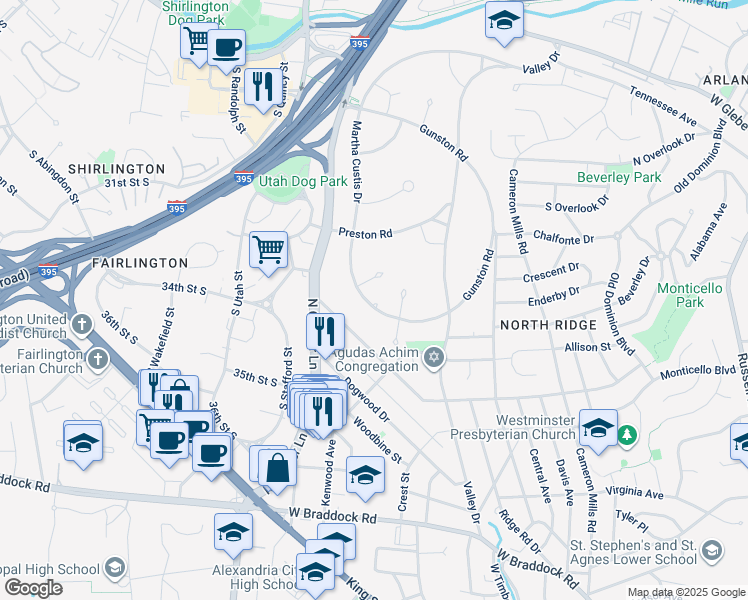 map of restaurants, bars, coffee shops, grocery stores, and more near 3235 Martha Custis Drive in Alexandria