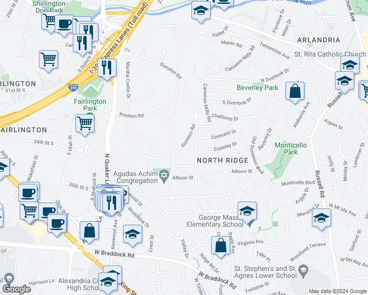 map of restaurants, bars, coffee shops, grocery stores, and more near 3227 Gunston Road in Alexandria