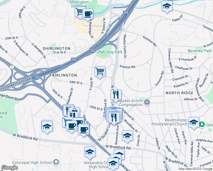 map of restaurants, bars, coffee shops, grocery stores, and more near 3345 South Stafford Street in Arlington