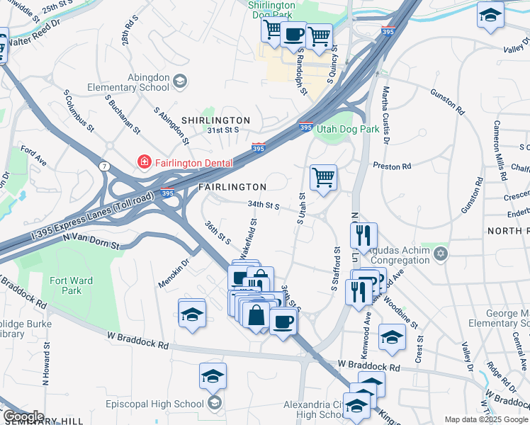 map of restaurants, bars, coffee shops, grocery stores, and more near 4528 34th Street South in Arlington