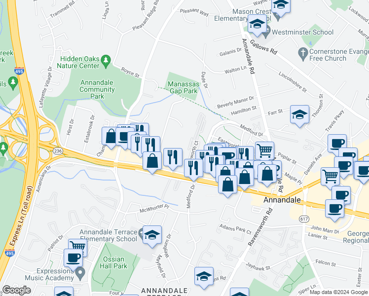 map of restaurants, bars, coffee shops, grocery stores, and more near 4140 Wadsworth Court in Annandale
