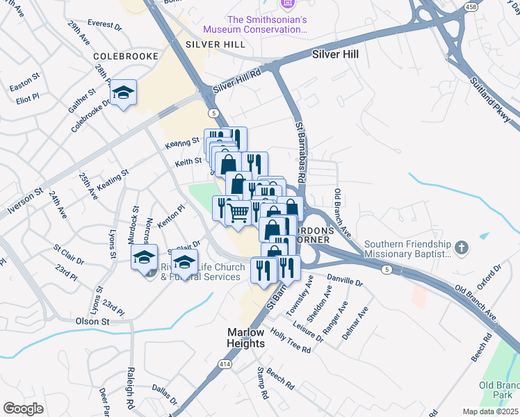 map of restaurants, bars, coffee shops, grocery stores, and more near 4045 Branch Avenue in Temple Hills