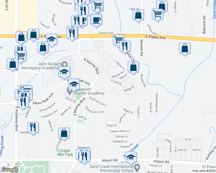 map of restaurants, bars, coffee shops, grocery stores, and more near 36 Stovel Circle in Colorado Springs