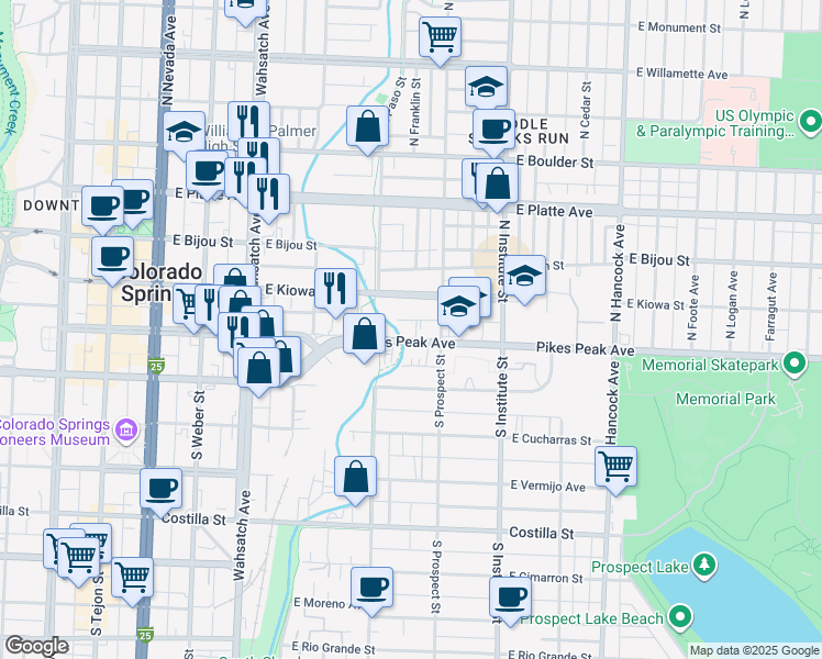 map of restaurants, bars, coffee shops, grocery stores, and more near 745 East Pikes Peak Avenue in Colorado Springs