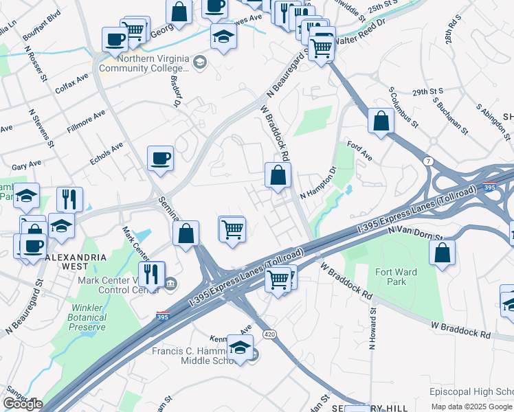 map of restaurants, bars, coffee shops, grocery stores, and more near 4657 Longstreet Lane in Alexandria