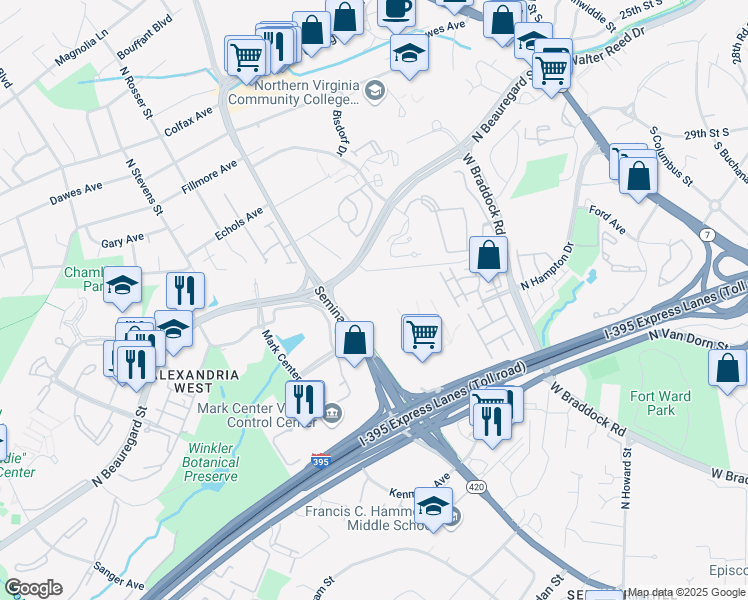 map of restaurants, bars, coffee shops, grocery stores, and more near 5021 Seminary Road in Alexandria