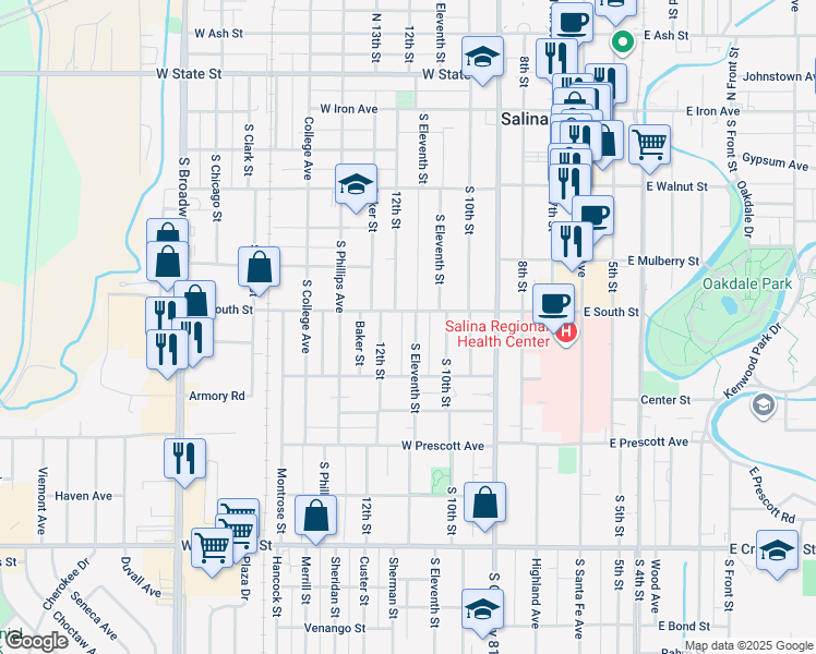 map of restaurants, bars, coffee shops, grocery stores, and more near 425 S 11th St in Salina
