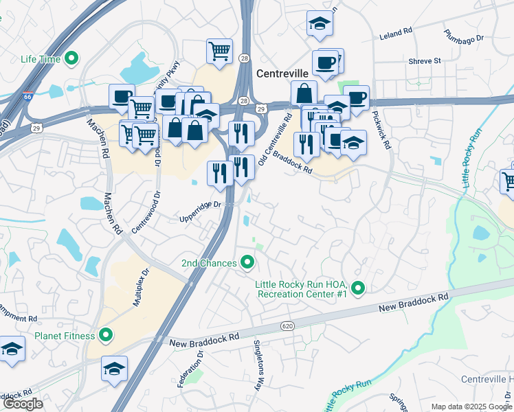 map of restaurants, bars, coffee shops, grocery stores, and more near 14009 Sawteeth Way in Centreville