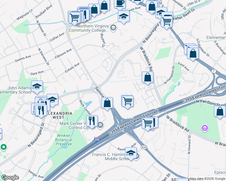 map of restaurants, bars, coffee shops, grocery stores, and more near 5021 Seminary Road in Alexandria