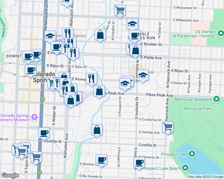 map of restaurants, bars, coffee shops, grocery stores, and more near 710 East Pikes Peak Avenue in Colorado Springs