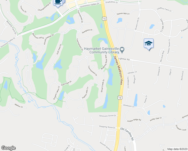 map of restaurants, bars, coffee shops, grocery stores, and more near 5624 Tournament Drive in Haymarket