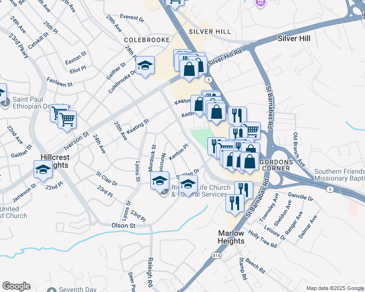 map of restaurants, bars, coffee shops, grocery stores, and more near 2702 Kenton Place in Temple Hills