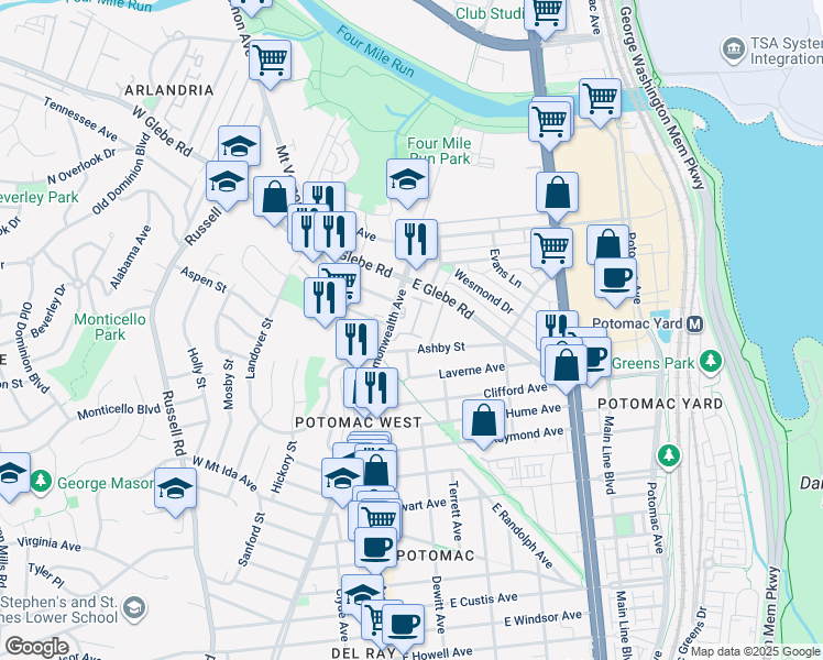 map of restaurants, bars, coffee shops, grocery stores, and more near 26 Auburn Court in Alexandria