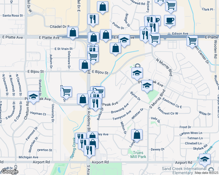 map of restaurants, bars, coffee shops, grocery stores, and more near 3963 East Bijou Street in Colorado Springs