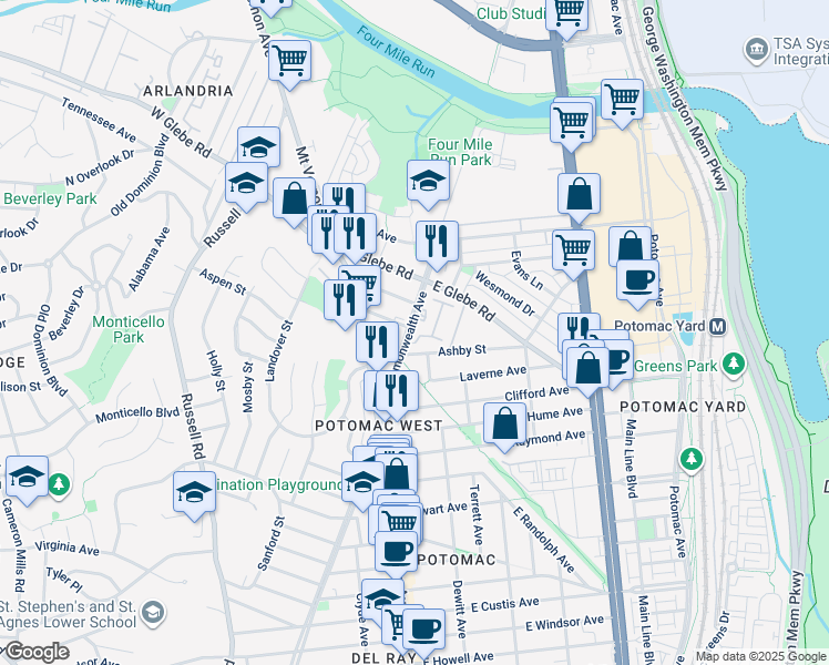 map of restaurants, bars, coffee shops, grocery stores, and more near 3203 Commonwealth Avenue in Alexandria