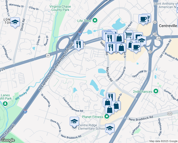 map of restaurants, bars, coffee shops, grocery stores, and more near 14321 Climbing Rose Way in Centreville