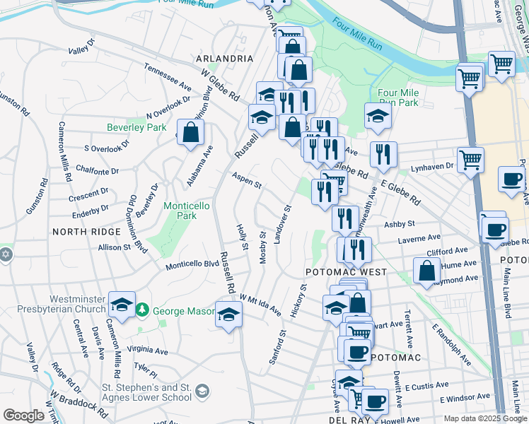 map of restaurants, bars, coffee shops, grocery stores, and more near 222 Guthrie Avenue in Alexandria