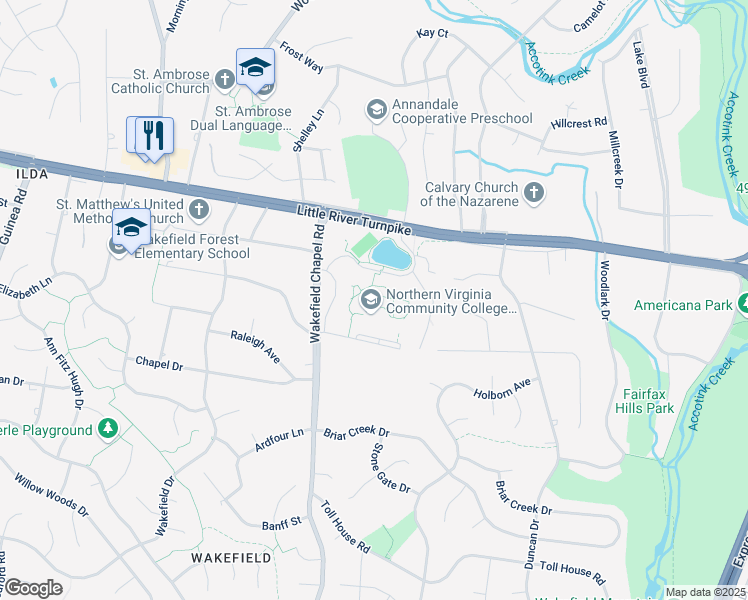 map of restaurants, bars, coffee shops, grocery stores, and more near 4001 Wakefield Chapel Road in Annandale