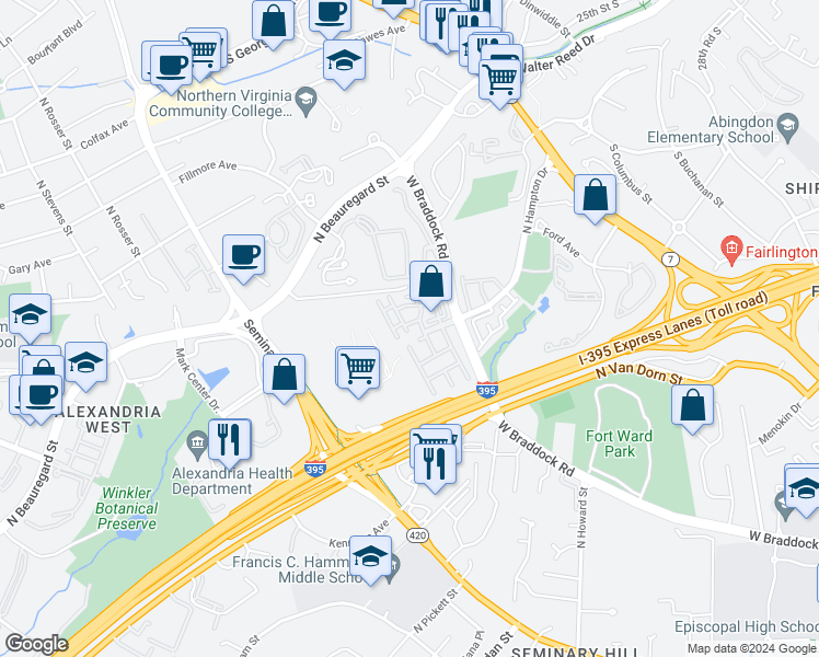 map of restaurants, bars, coffee shops, grocery stores, and more near 2331 Henshaw Place in Alexandria