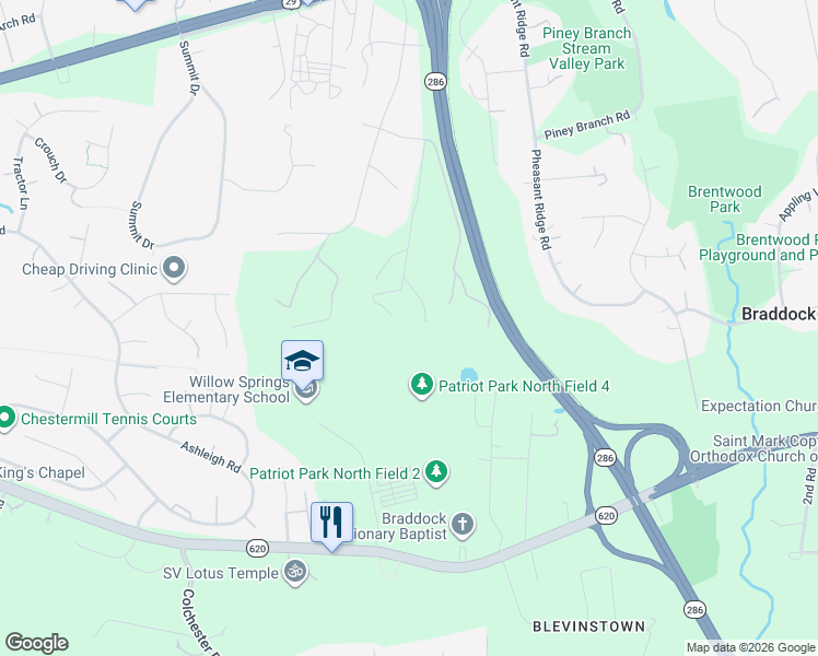 map of restaurants, bars, coffee shops, grocery stores, and more near 5360 Winfield Road in Fairfax
