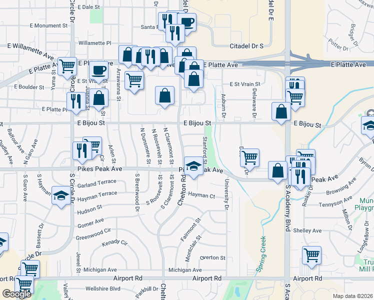 map of restaurants, bars, coffee shops, grocery stores, and more near 23 North Chelton Road in Colorado Springs