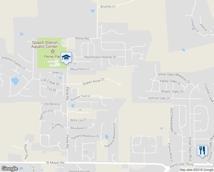 map of restaurants, bars, coffee shops, grocery stores, and more near 1846 Queen Anne Court in Wentzville