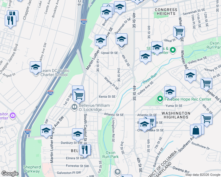 map of restaurants, bars, coffee shops, grocery stores, and more near 147 Mississippi Avenue Southeast in Washington