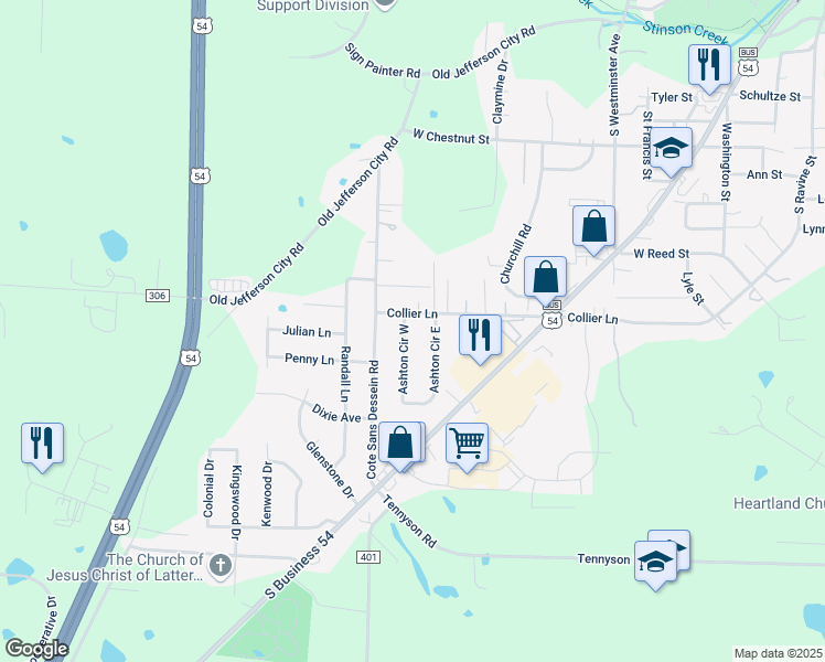 map of restaurants, bars, coffee shops, grocery stores, and more near 1101-1299 Ashton Cir E in Fulton