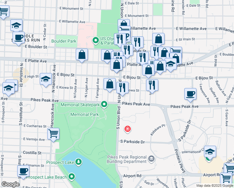 map of restaurants, bars, coffee shops, grocery stores, and more near 15 North Union Boulevard in Colorado Springs