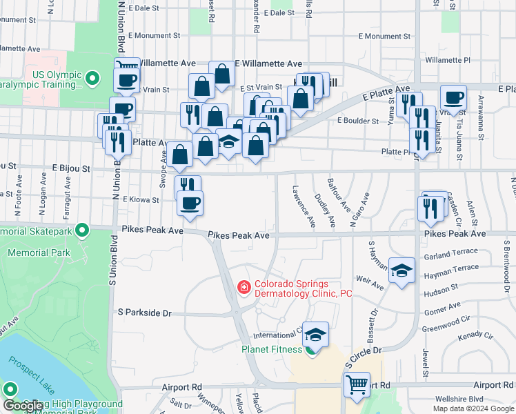 map of restaurants, bars, coffee shops, grocery stores, and more near 1156 East Pikes Peak Avenue in Colorado Springs