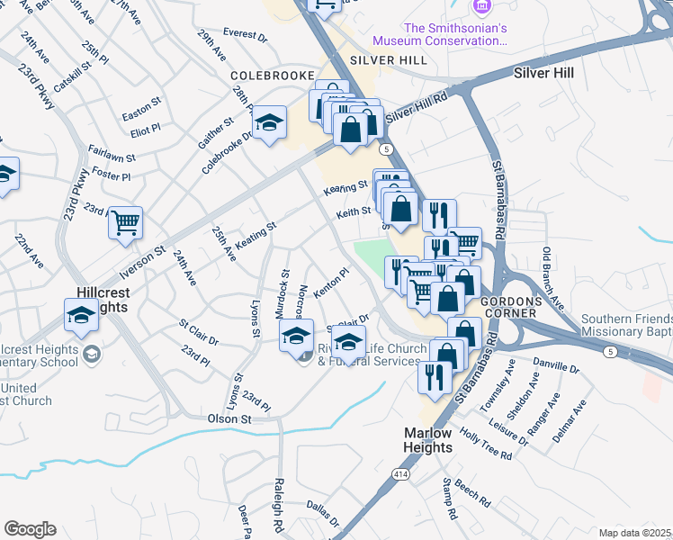 map of restaurants, bars, coffee shops, grocery stores, and more near 2702 Kenton Place in Temple Hills