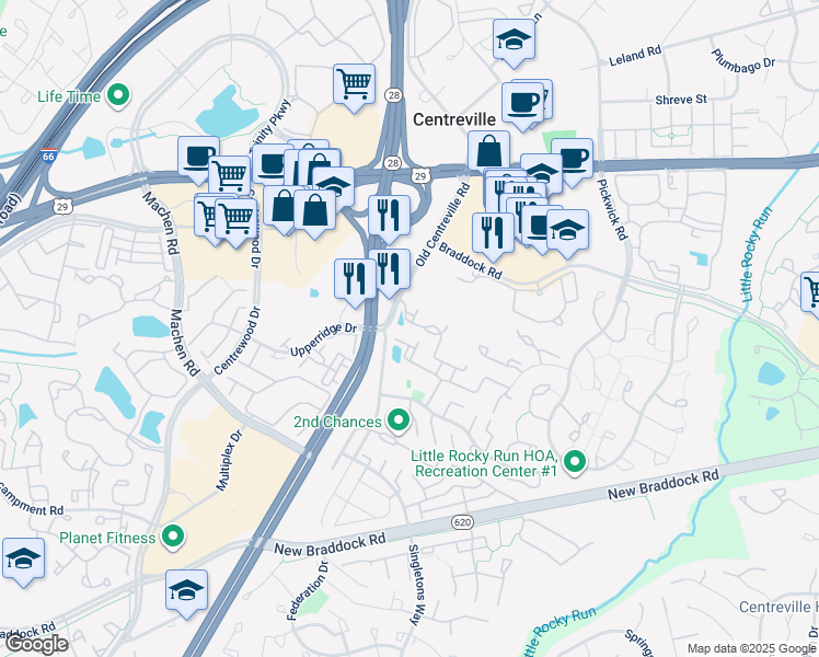 map of restaurants, bars, coffee shops, grocery stores, and more near 14015 Sawteeth Way in Centreville