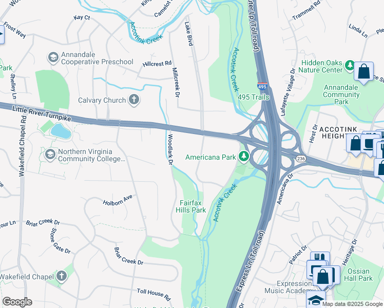 map of restaurants, bars, coffee shops, grocery stores, and more near 4106 Pineridge Dr in Annandale