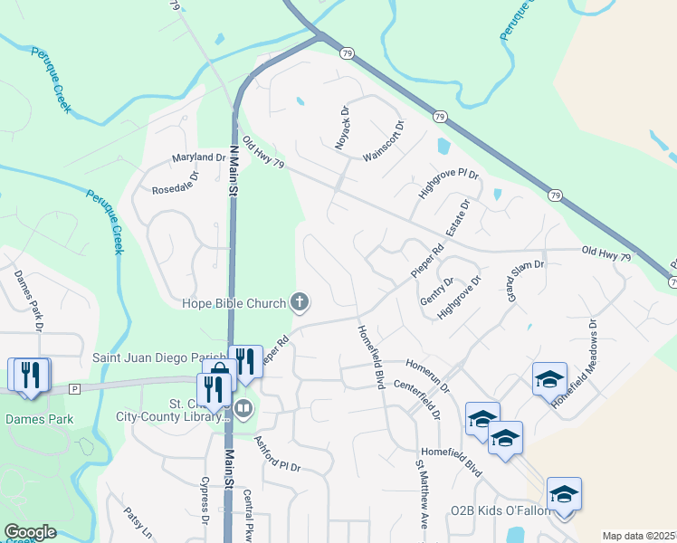 map of restaurants, bars, coffee shops, grocery stores, and more near 114 Courtfield Drive in O'Fallon
