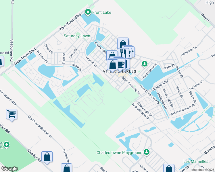map of restaurants, bars, coffee shops, grocery stores, and more near 3200 Rue Royale Way in Saint Charles