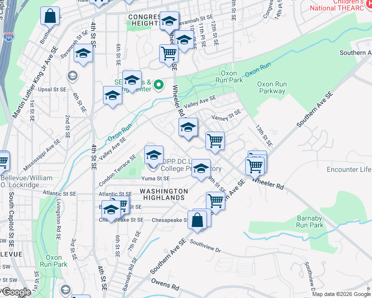 map of restaurants, bars, coffee shops, grocery stores, and more near 908 Wahler Place Southeast in Washington