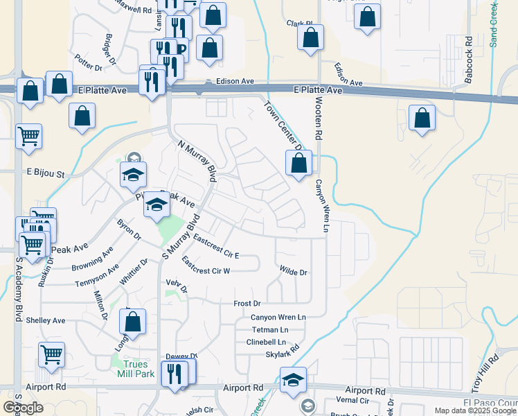 map of restaurants, bars, coffee shops, grocery stores, and more near 64 Stovel Circle in Colorado Springs