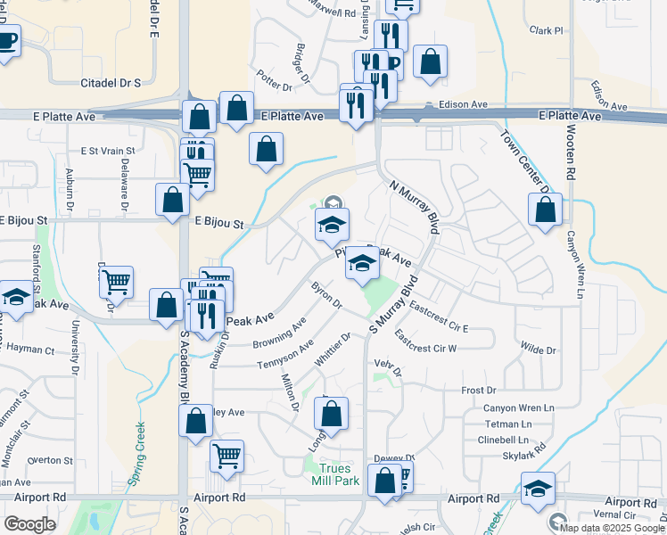 map of restaurants, bars, coffee shops, grocery stores, and more near 4217 East Pikes Peak Avenue in Colorado Springs