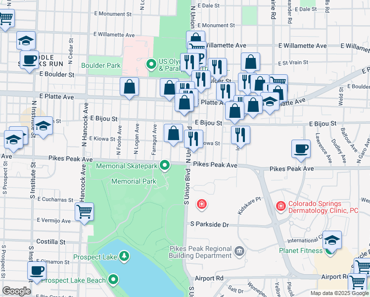 map of restaurants, bars, coffee shops, grocery stores, and more near 15 North Union Boulevard in Colorado Springs